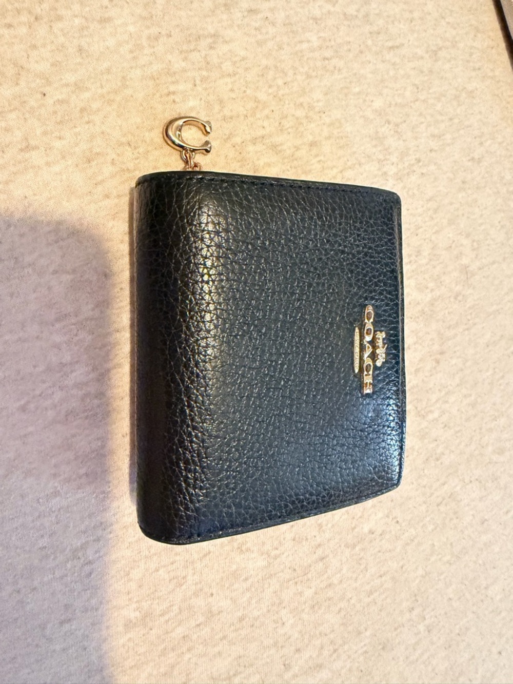 Coach Black Pebbled Leather Zip Around Wallet with Gold Logo